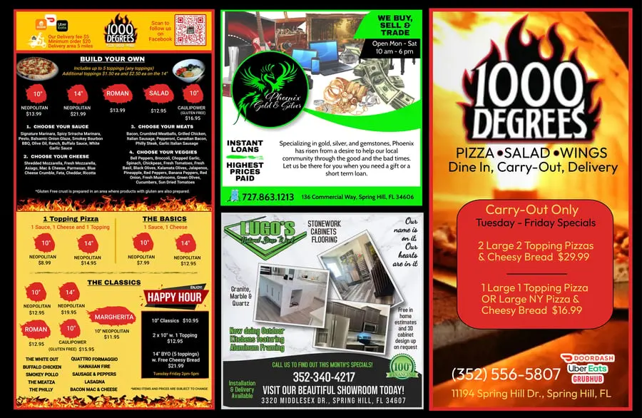 1000 Degrees Pizza Spring Hill menu with build-your-own pizzas, classics, and happy hour, plus Phoenix Gold & Silver and local ads