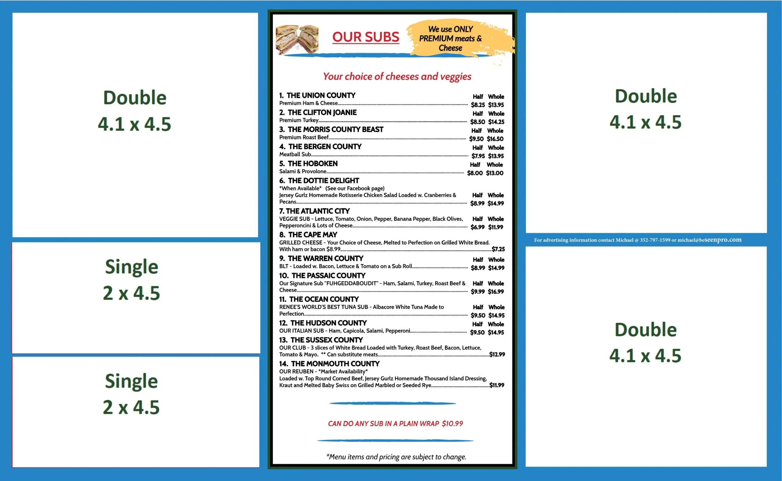 Our Subs menu listing fourteen specialty sandwiches with half and whole prices and empty Be Seen Pro ad placeholders