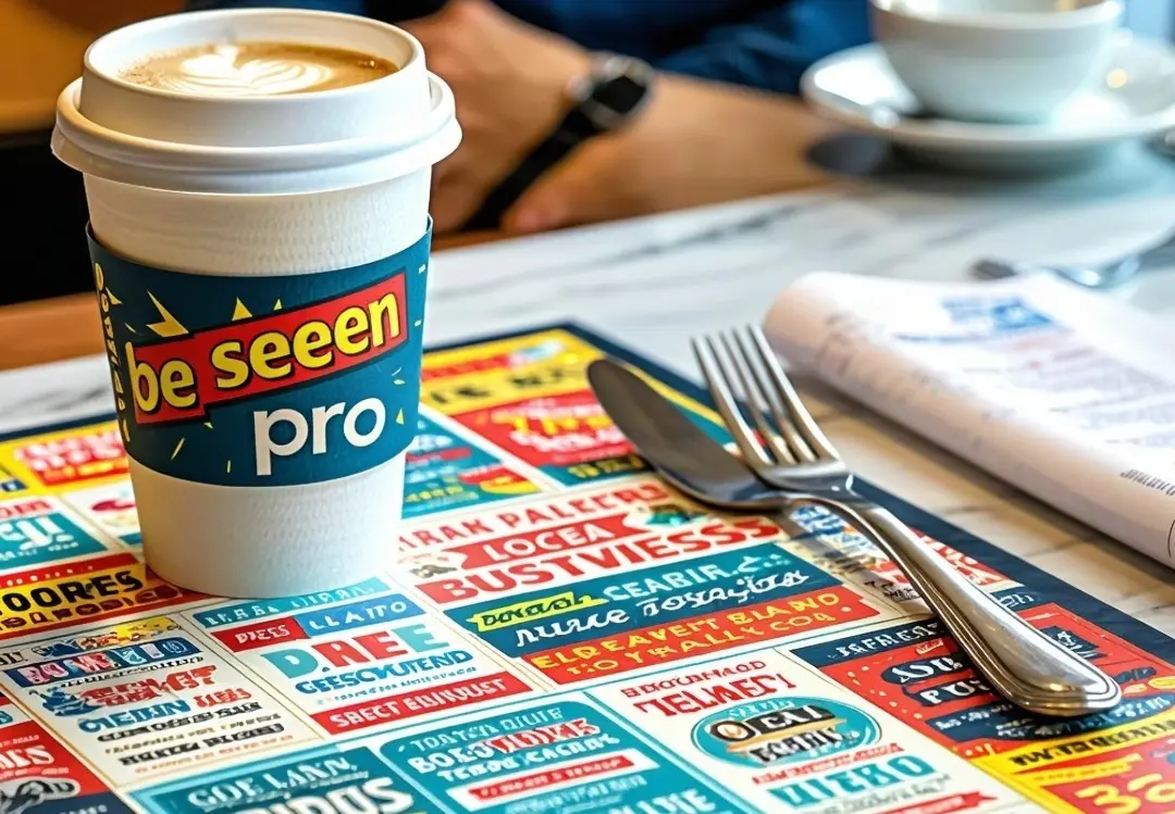 Be Seen Pro branded paper coffee cup with teal sleeve and latte art on an advertising placemat