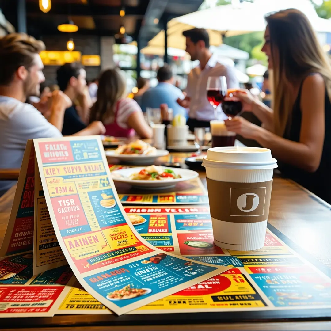 Be Seen Pro style coffee cup and colorful menu flyer on a restaurant table with diners in the background