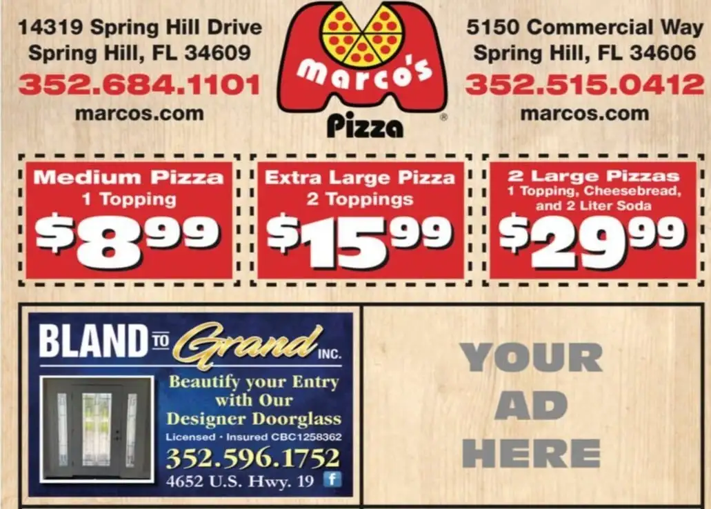 Marco's Pizza Spring Hill box topper flyer with pizza deals and ad space