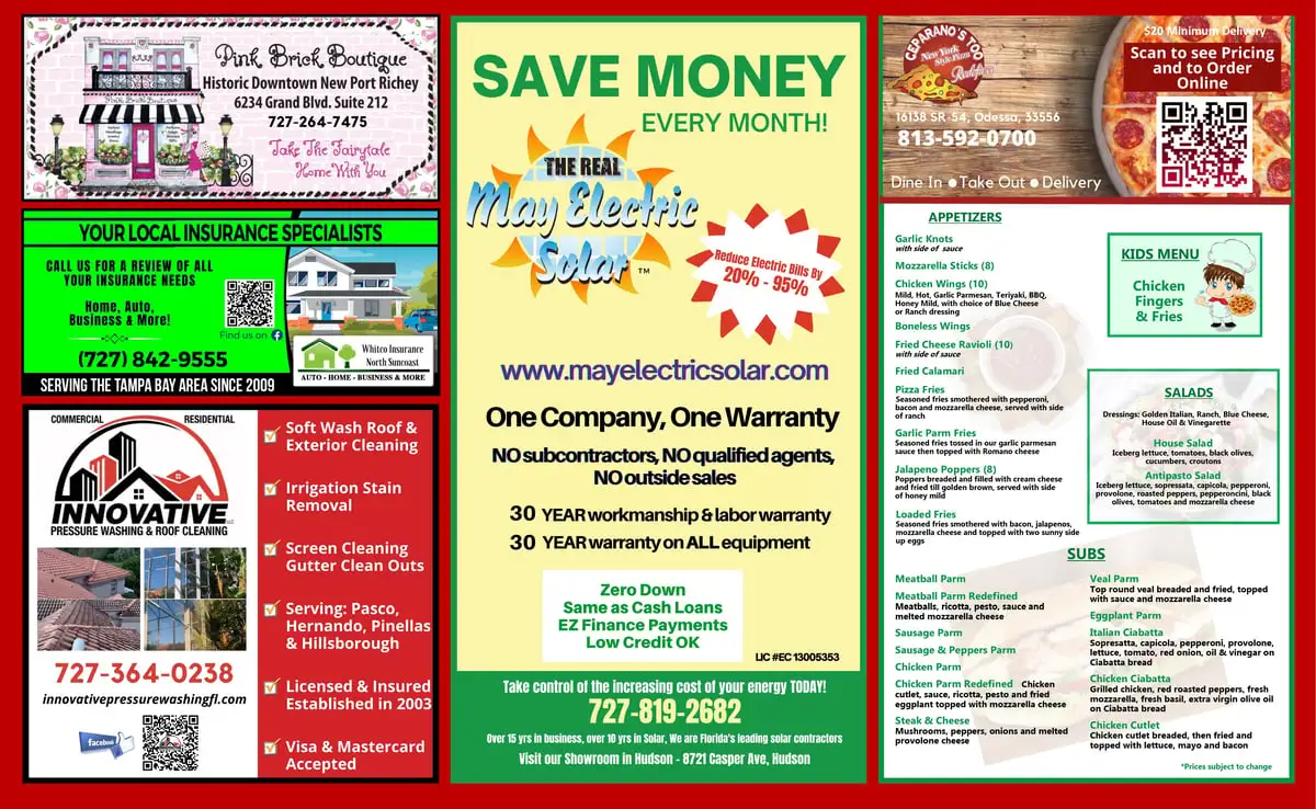 Ceparano's Too New York style pizza menu with Pink Brick Boutique, Whitco Insurance, Innovative Pressure Washing, and May ads