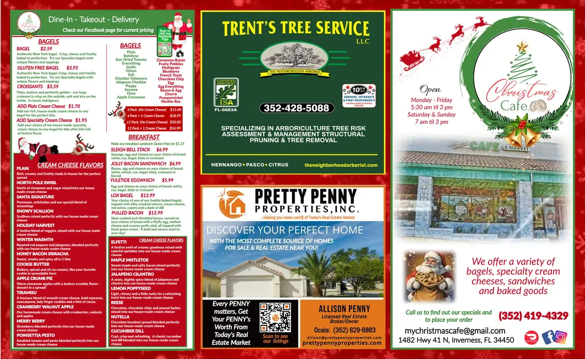 Christmas Cafe bagel and cream cheese menu with Trent's Tree Service and Pretty Penny Properties ads