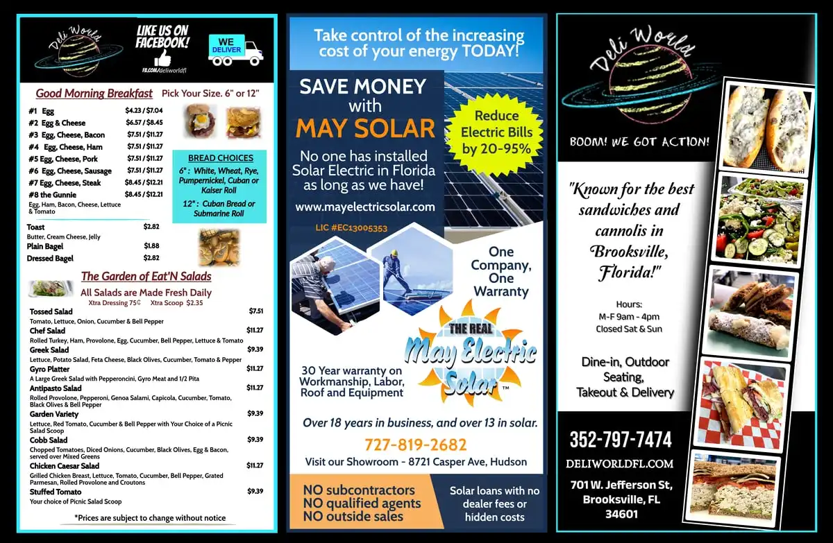 Deli World Brooksville breakfast and salad menu with May Electric Solar ad and deli photos