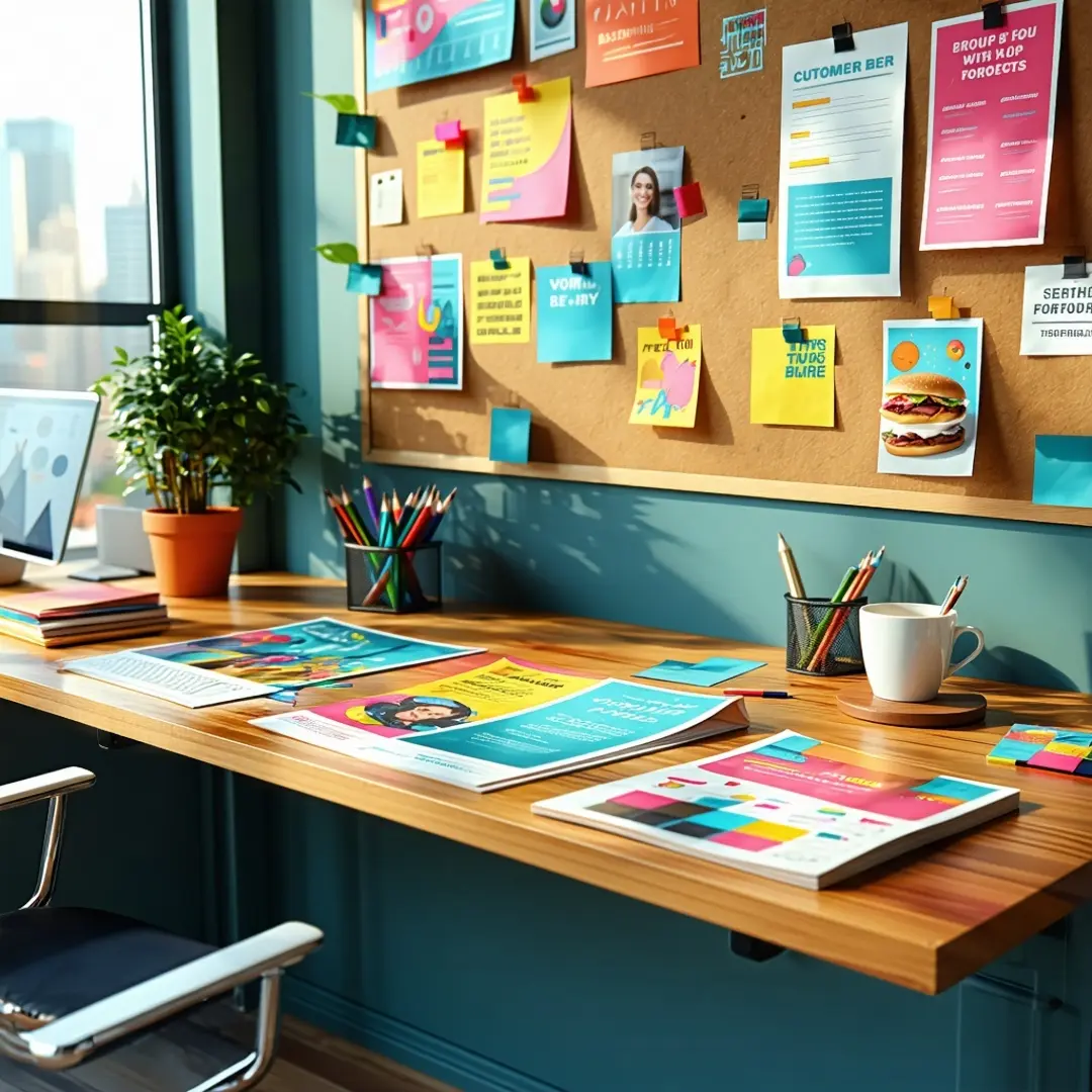 Sunlit creative desk with printed marketing brochures, colored pencils, and a corkboard covered in sticky notes and flyers