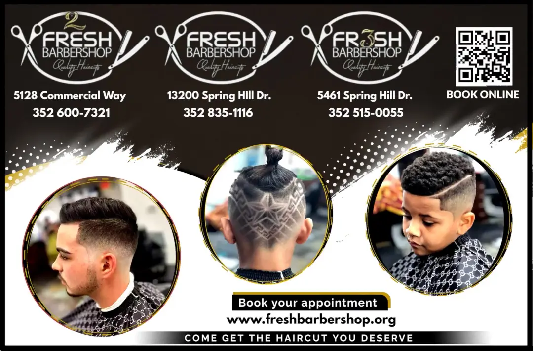 Fresh Barbershop triple-location flyer with logos, addresses, Book Online QR code, and three haircut photos
