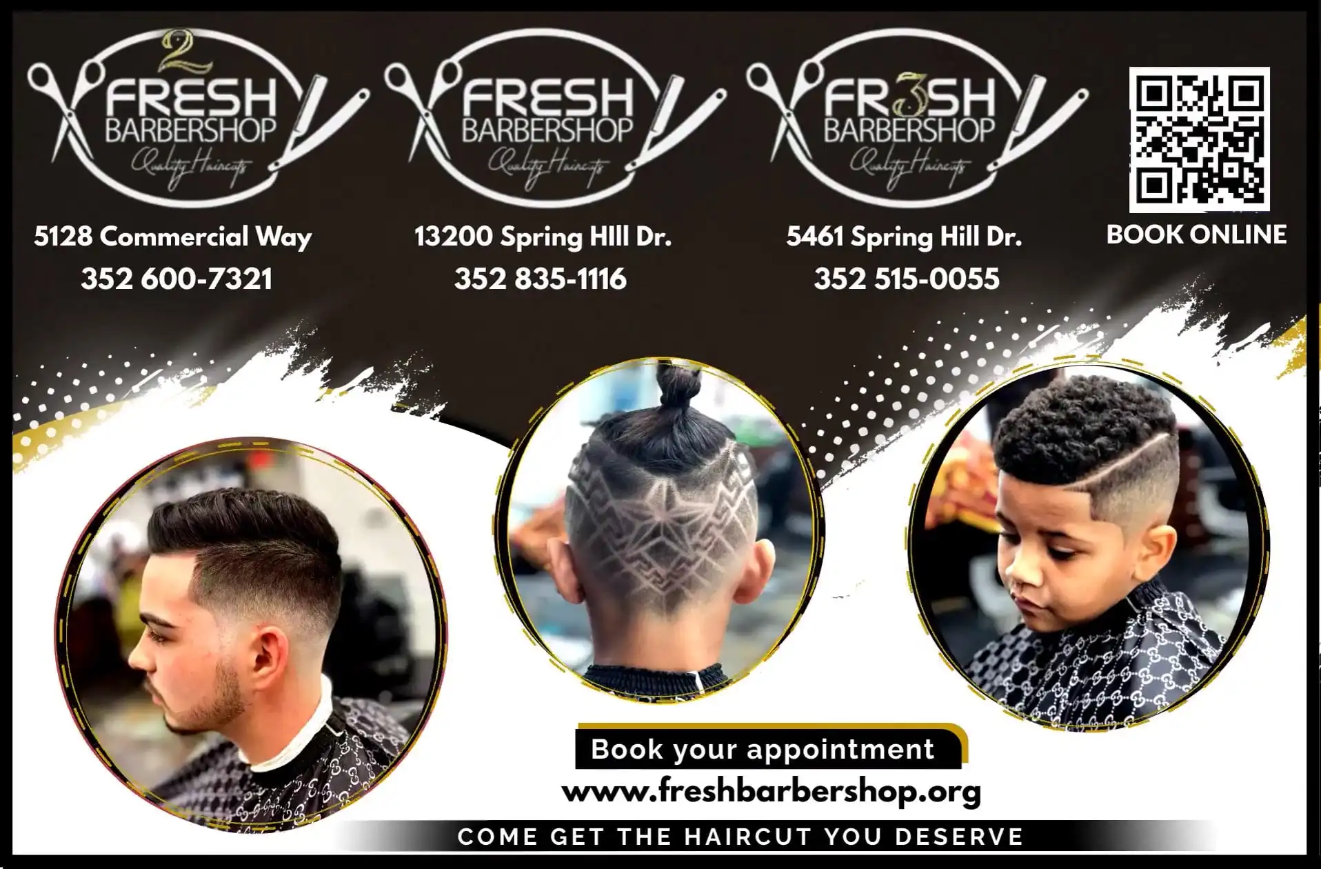 2 Fresh Barber Shop advertisement with three locations, circular hairstyle photos, a QR code, and online booking website