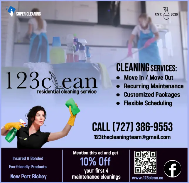 123clean residential cleaning service flyer for New Port Richey with services list, phone number, and 10 percent off offer