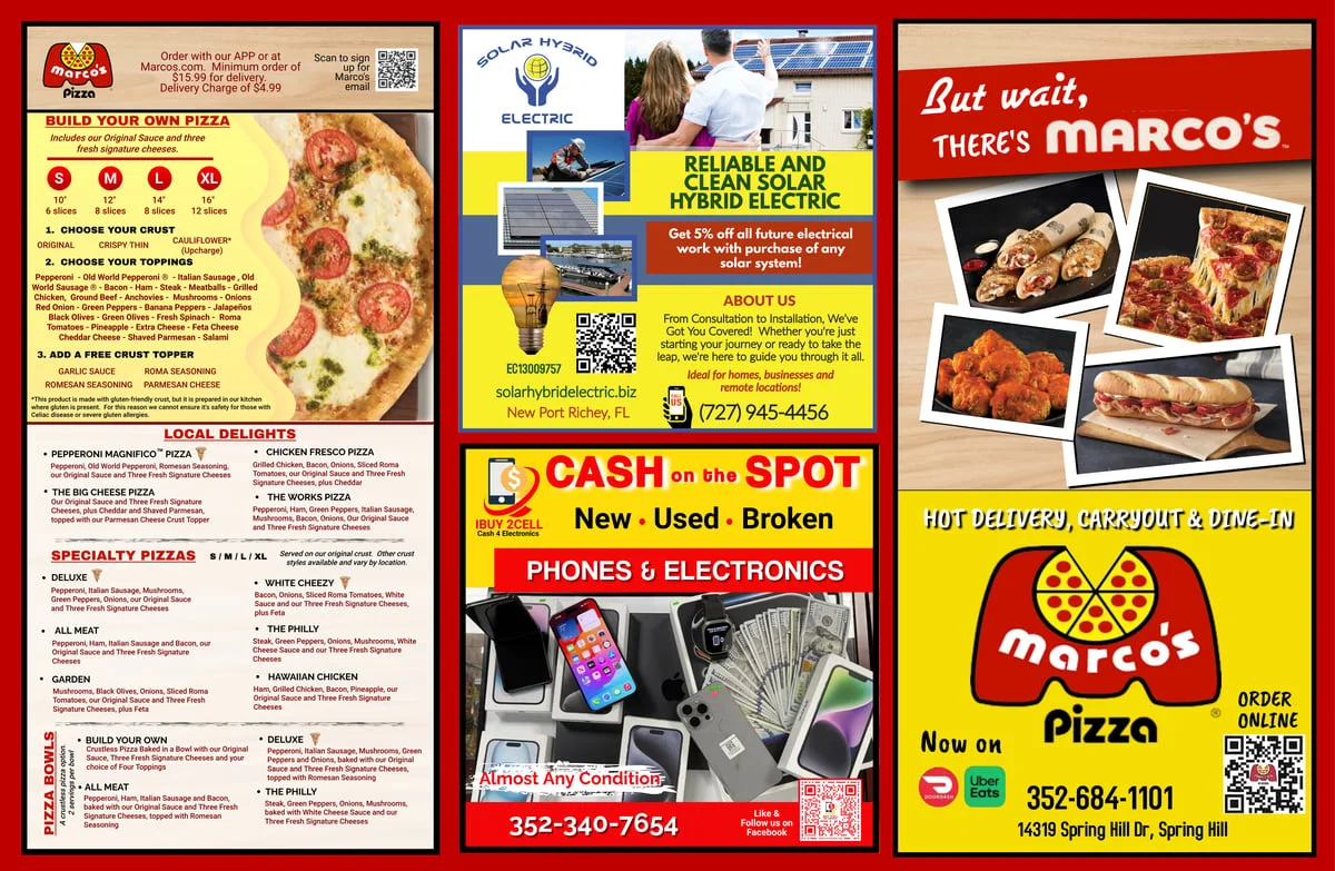 Marco's Pizza Spring Hill menu with pizza specials and local business ads