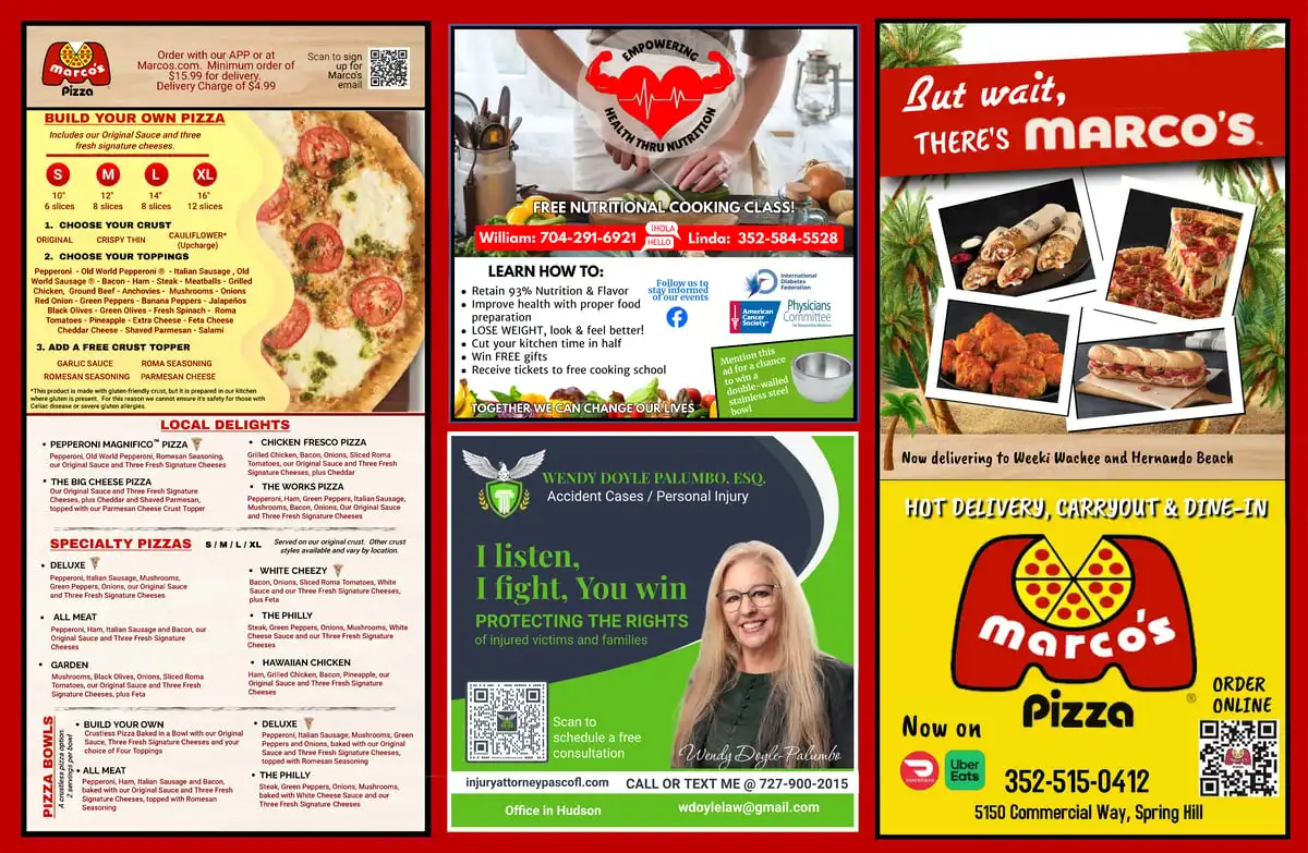 Marco's Pizza Commercial Way Spring Hill menu with Empowering Health Thru Nutrition and Wendy Doyle Palumbo injury attorney ads