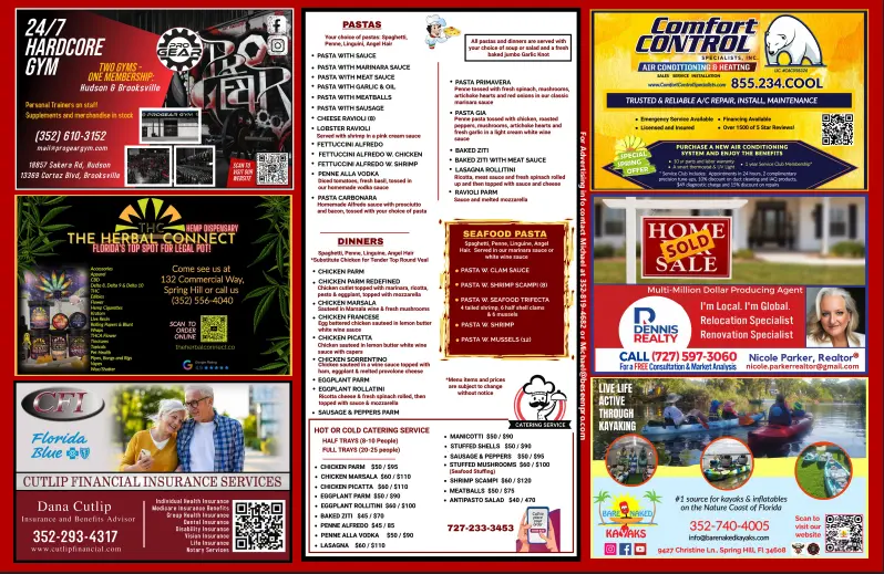 Restaurant menu placemat with pasta, dinner, and seafood listings plus ads for 24/7 Hardcore Gym, The Herbal Connect, Cutlip Financial, Comfort Control Specialists, Dennis Realty, and Bare Naked Kayaks
