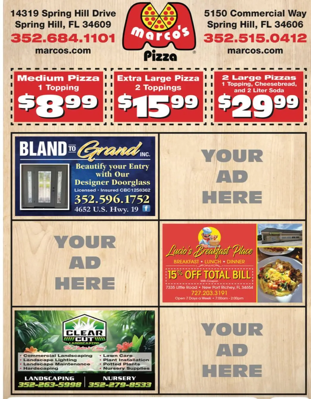 Our Subs menu listing fourteen specialty sandwiches with half and whole prices and empty Be Seen Pro ad placeholders