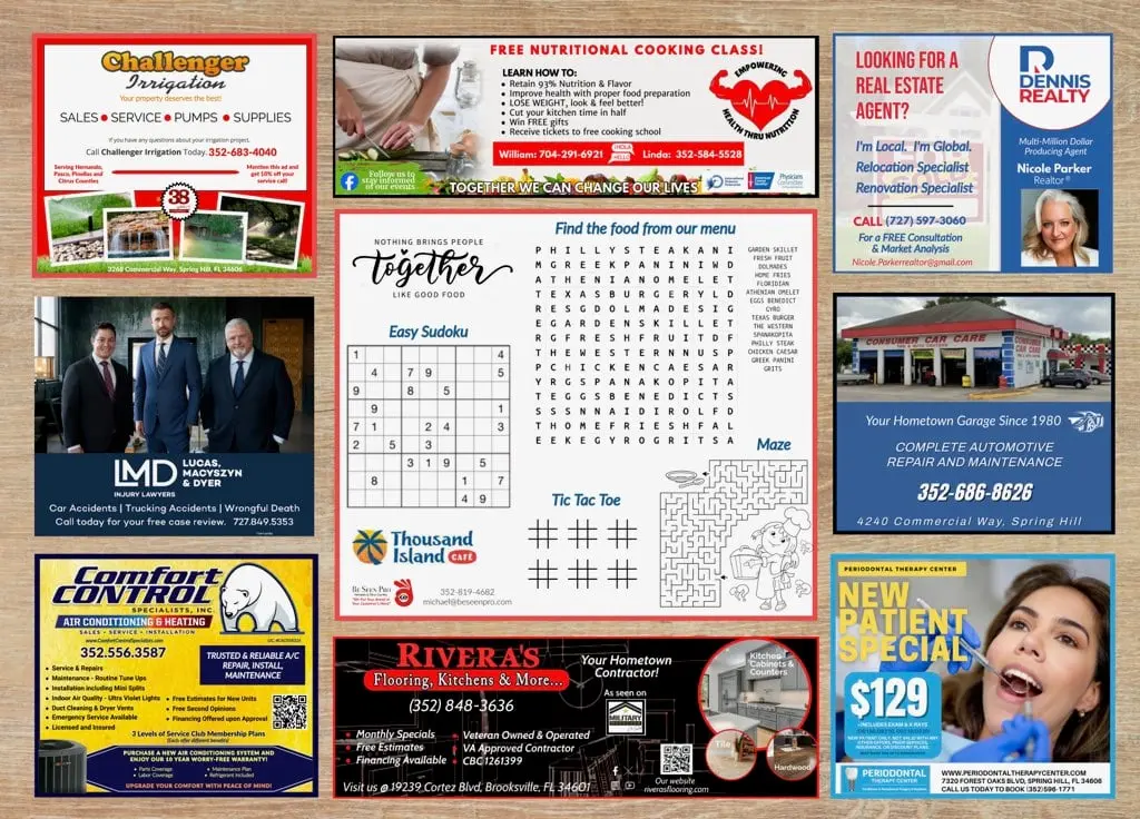 Restaurant menu placemat with pasta, dinner, and seafood listings plus ads for 24/7 Hardcore Gym, The Herbal Connect, Cutlip Financial, Comfort Control Specialists, Dennis Realty, and Bare Naked Kayaks