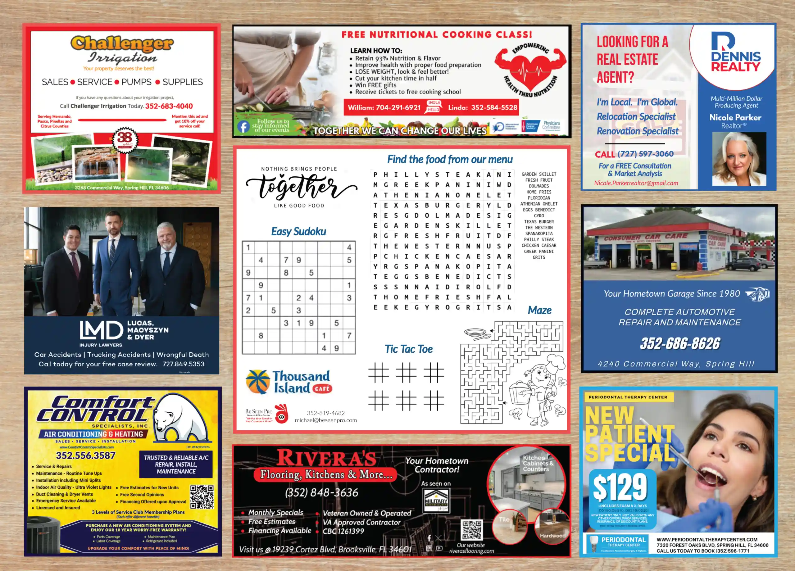 Thousand Island Cafe placemat with puzzles and local Spring Hill business advertisements
