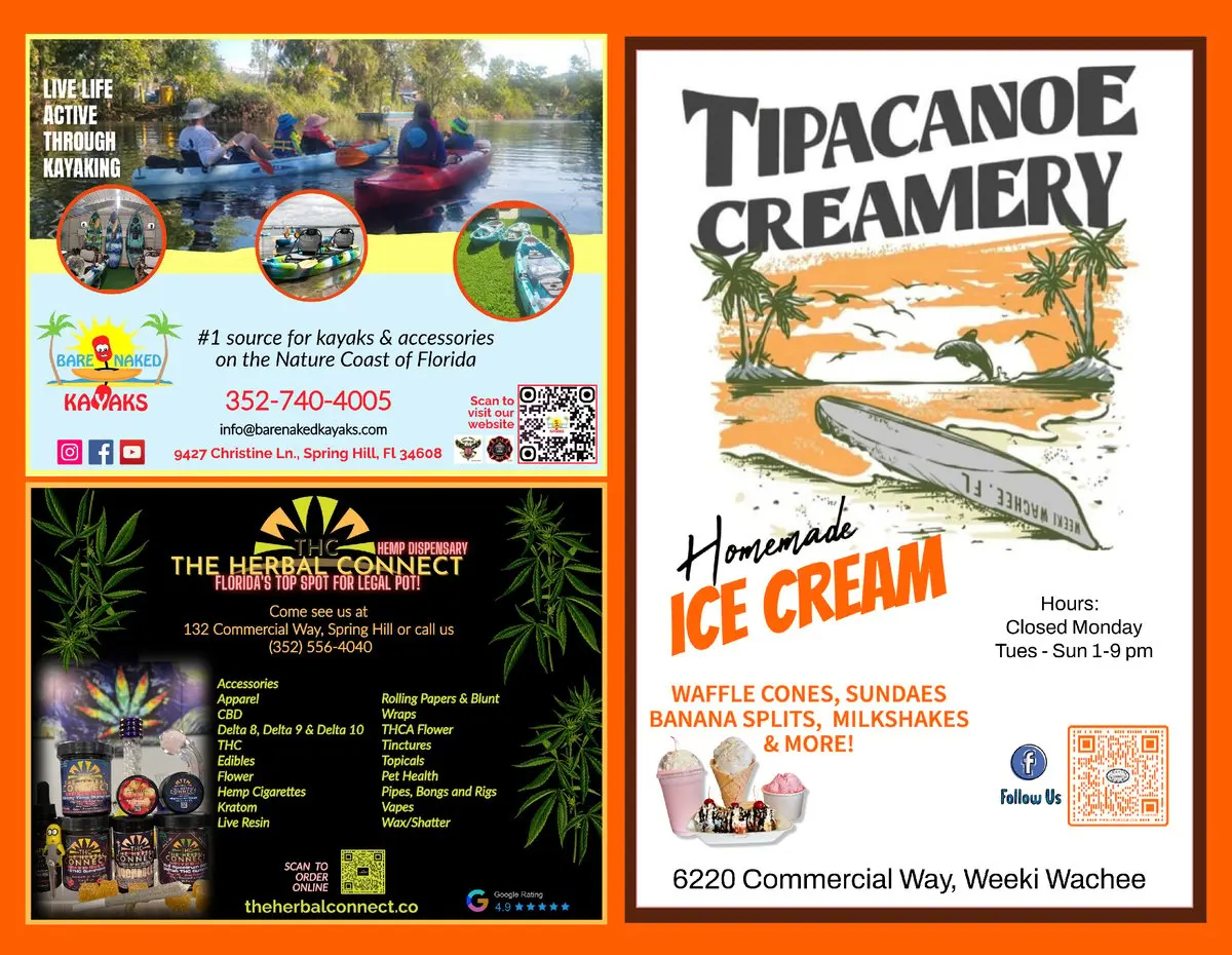 Tipacanoe Creamery homemade ice cream flyer with Bare Naked Kayaks and The Herbal Connect ads