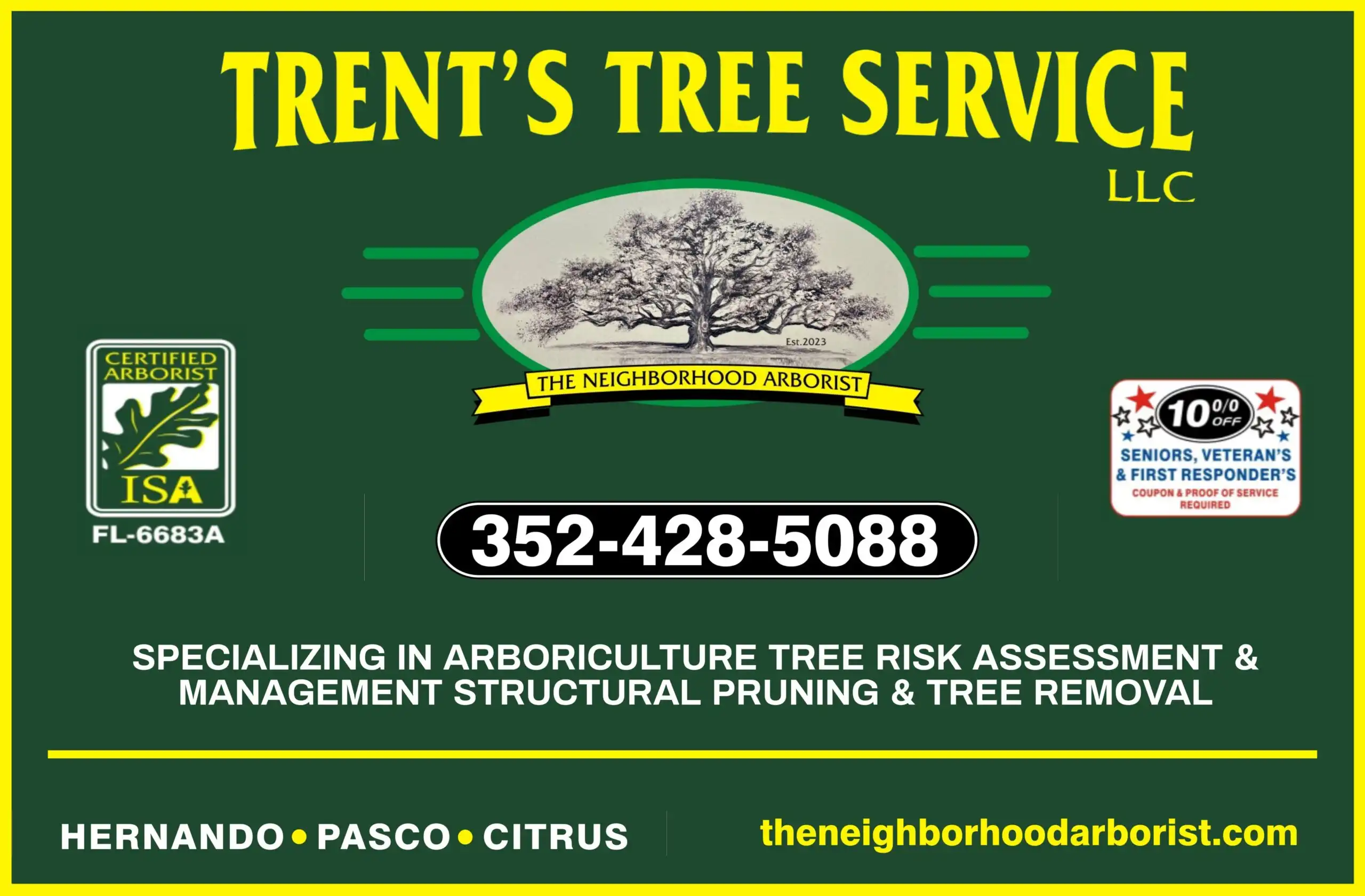 Trent's Tree Service LLC advertisement with a green tree logo, phone number, and Hernando, Pasco, and Citrus service areas