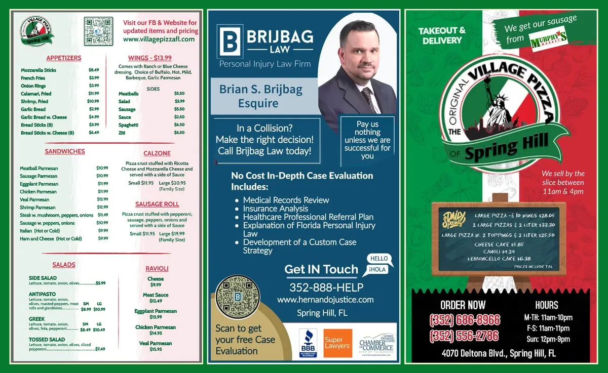 Village Pizza of Spring Hill menu and daily specials with Brijbag Law personal injury ad