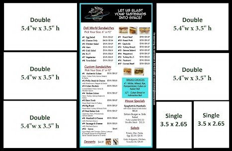 Oversized 11 by 17 tri-fold restaurant menu with local business advertisements