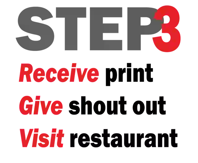 Step 3 graphic: receive print, give shout out, visit restaurant